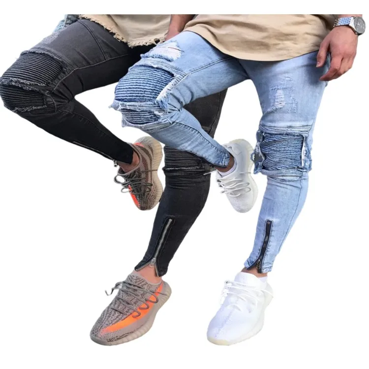 2022Hollow Out Tapere Stretchy Ripped Skinny Biker Taped Slim Fit Denim Pants Motorcycles Wrinkles Bermuda Pants Knee Hole Jeans