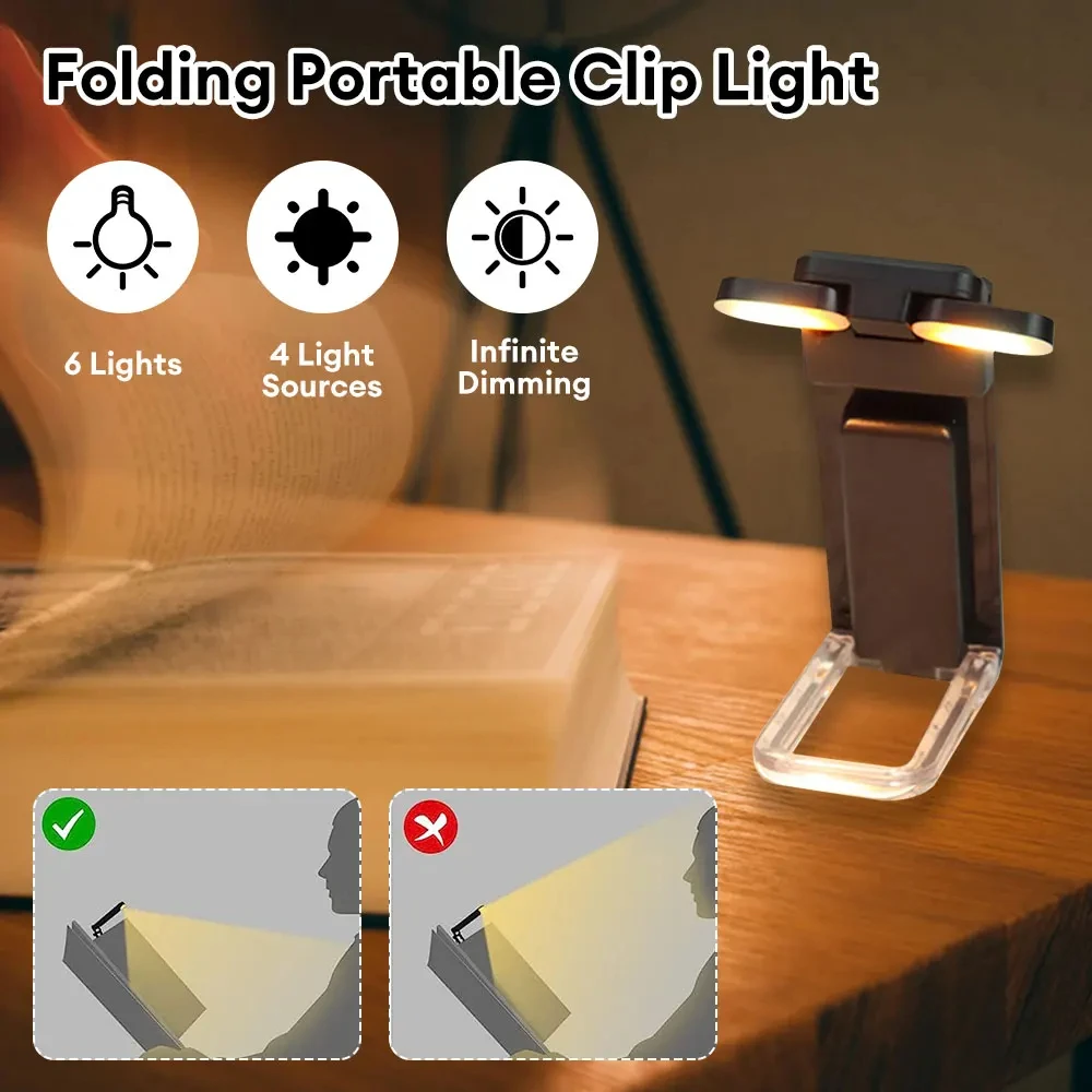 USB Rechargeable Mini Book Light Portable LED Reading Lamp Adjustable Brightness Flexible Clip Design Night Reading Living Room
