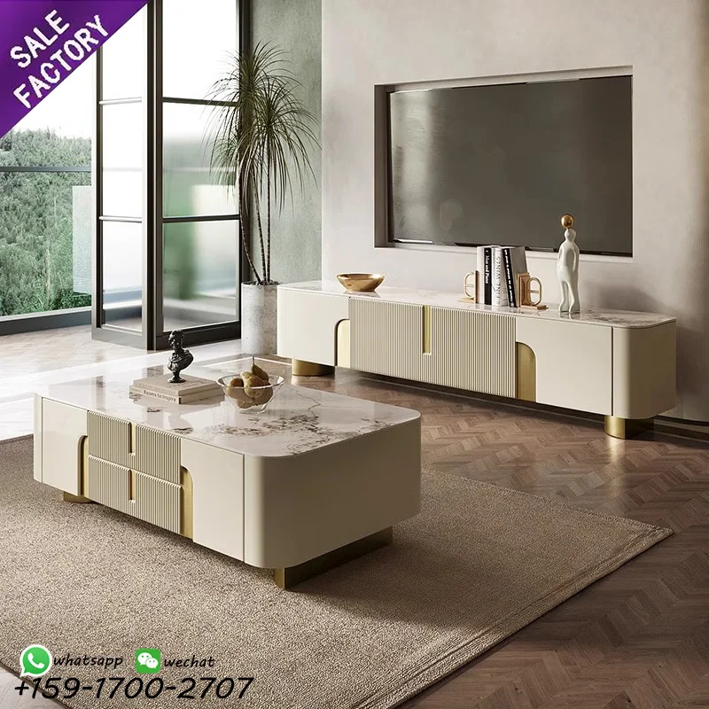 NOVA Modern White Sintered Stone TV Unit Stand Wooden Entertainment Center with Side Storage Cabinet Gold Metal Base Living Room