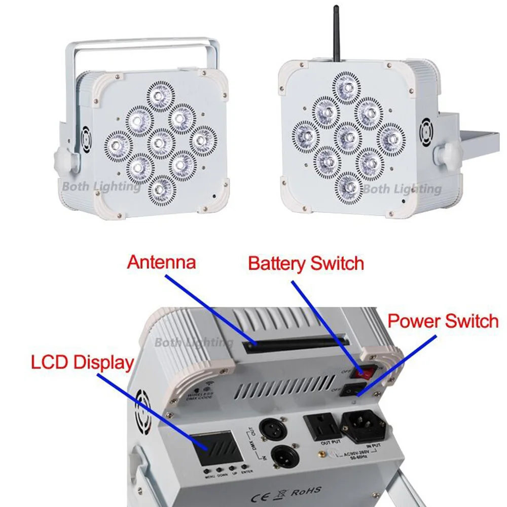 Bothlighting 9*18W Led Battery Wireless Lights RGBWAUV 6in1 Flat Led Par Uplight DJ Event Entertainment