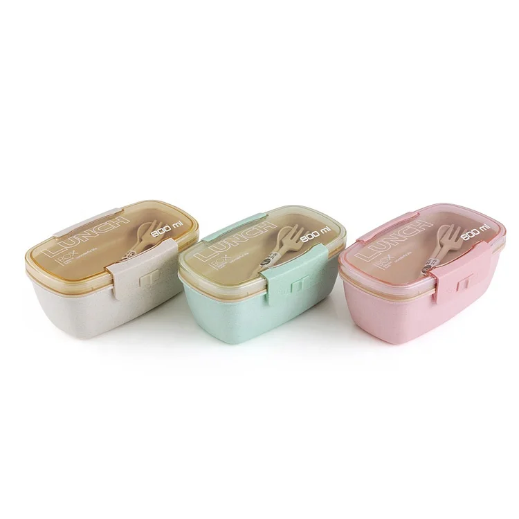 Leak Proof Bento Box Lunch Container Set with Spoon Fork 2 Compartments for Kids School BPA Free Plastic Wheat Straw Lunch Box