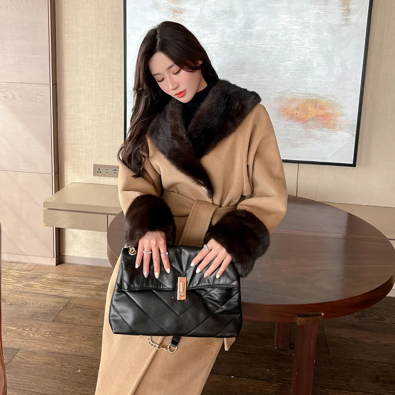 Elegant Winter Mink Fur Collar Cuffs Alpaca Coat Double Sides Long Wool Cashmere Coats Women with Belt