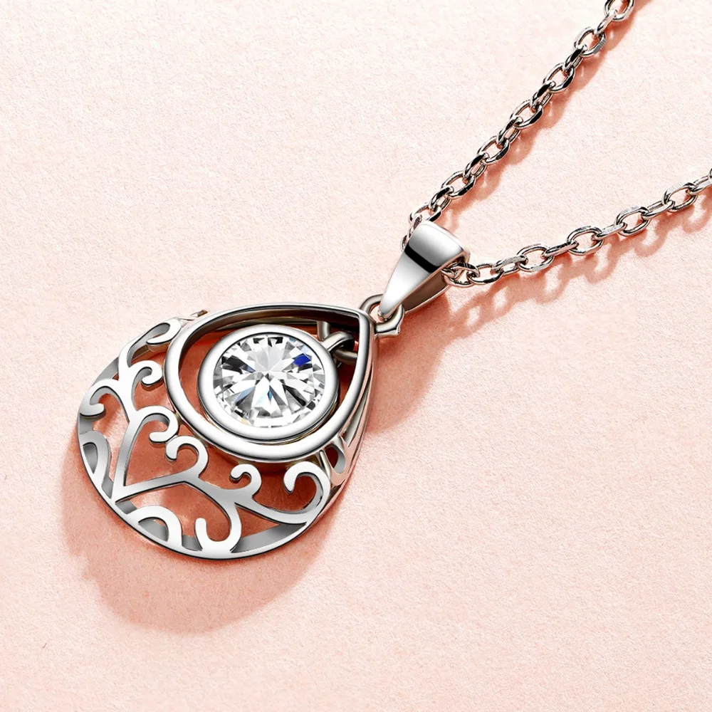 Water Drop Pendant Necklace for Women 925 Sterling Silver Rhinestone Crystal Pendant Skeleton Heart Girls Necklaces Jewel