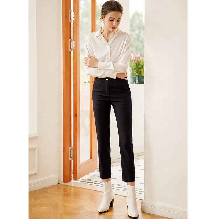 Classical Korean Good Quality Reasonable Wholesale Price Women Formal Designs Office Tops with Pants Long Sleeve Blouse