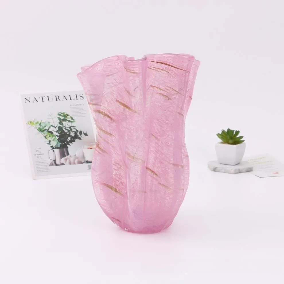 Modern hand blown Home Hotel tabletop decor handmade cherry pink gold pink colored glaze Murano art flower arrange glass vase