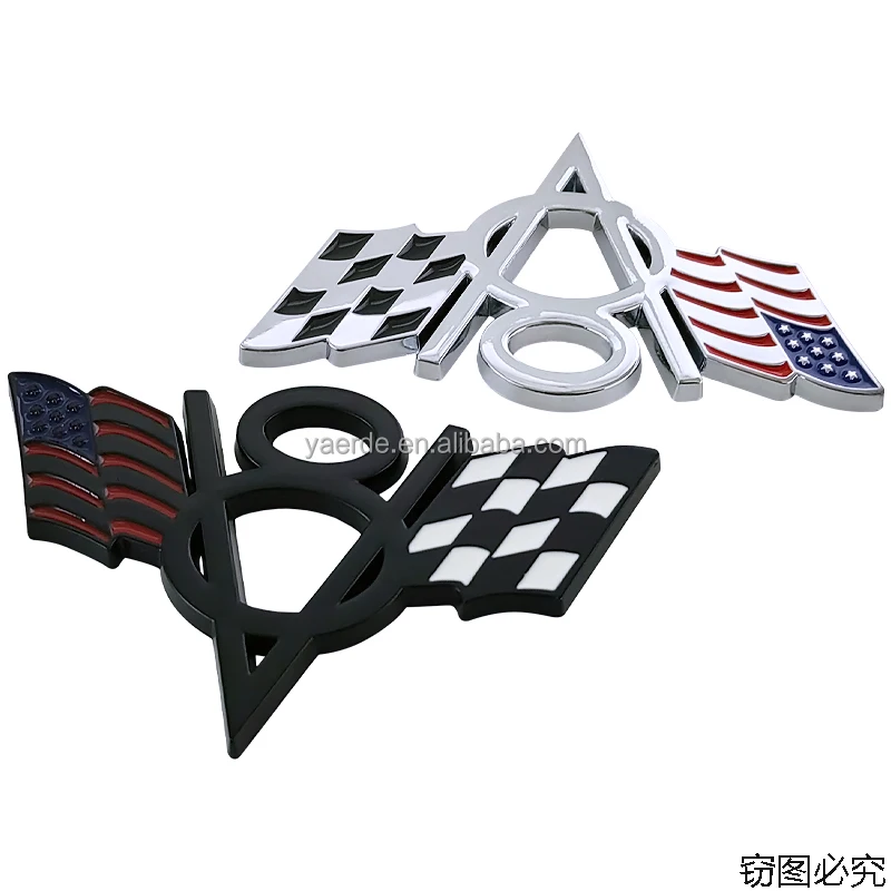 V8 Metal Car Sticker Racing Flag National Flag Modified Sticker,Manufacturers customize car stickers with superglue personality