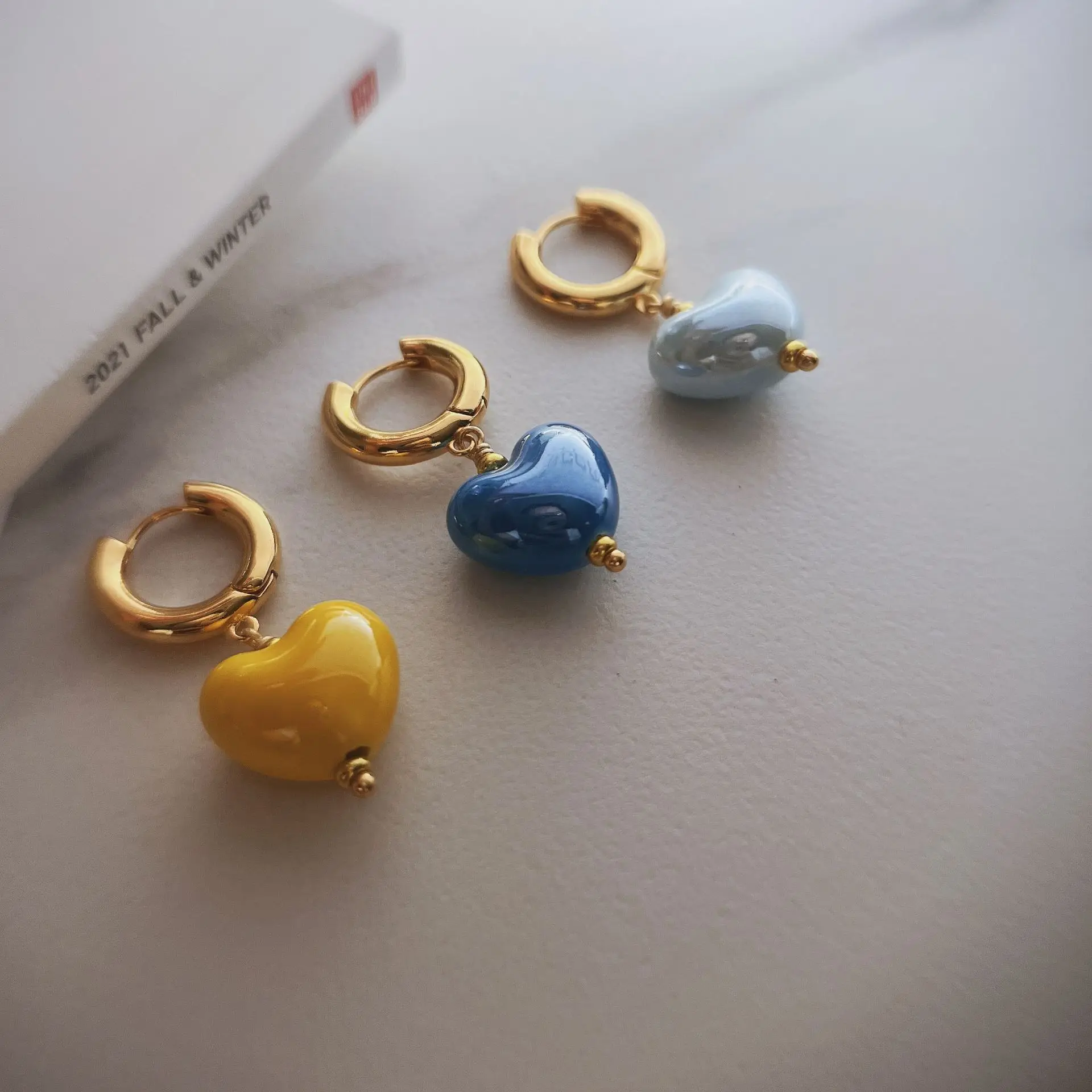 INS Fashion Copper Sweet Jewelry Multi Color Cute Heart Shape Copper Colorful Clay Ceramic Hoop Earrings