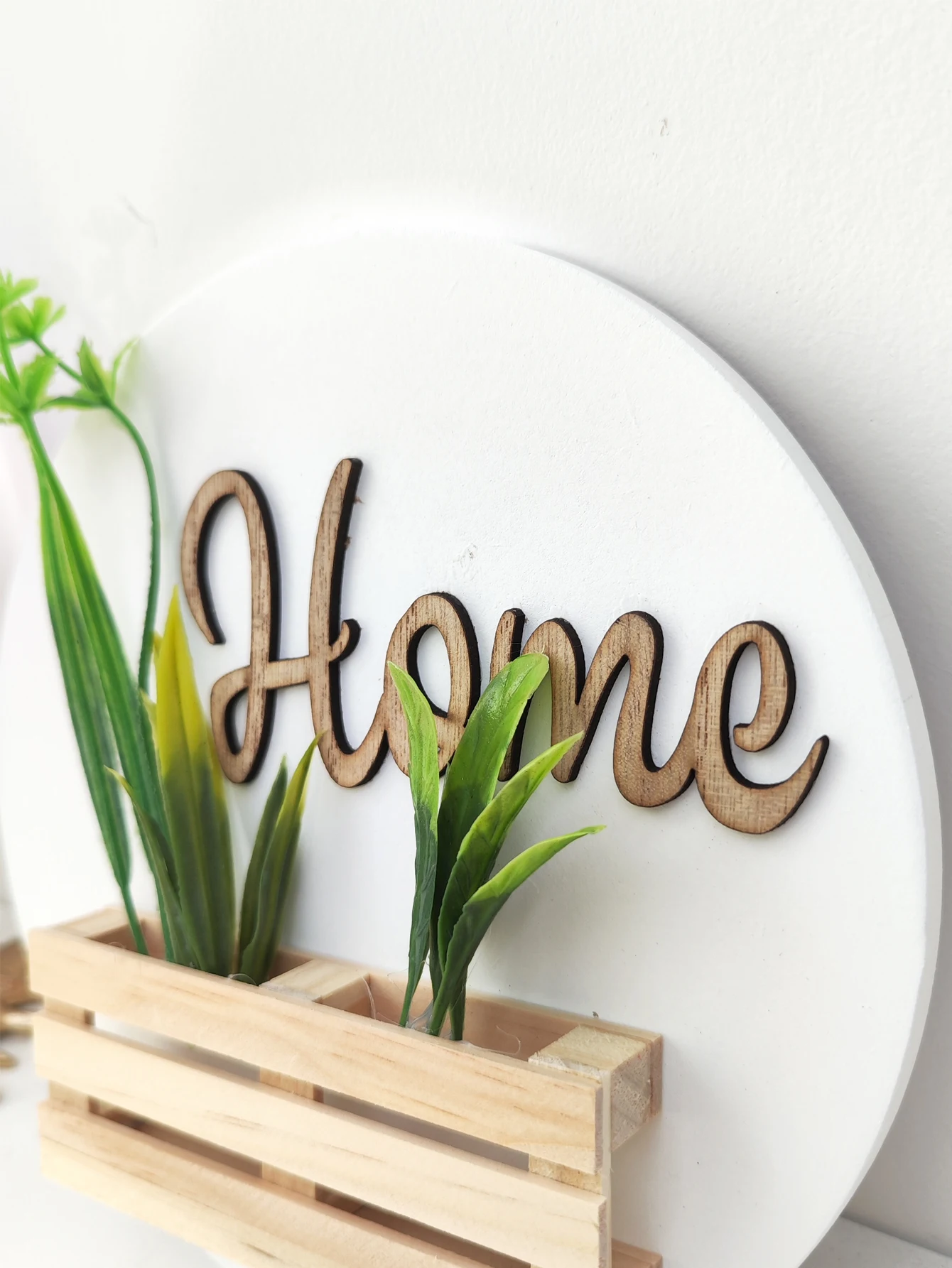 Wooden wall hanging mounted vase with simulated plant home abstract and minimalist natural style home decor