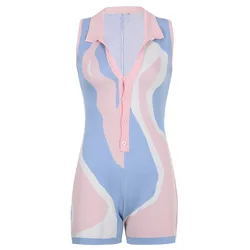 New trendy fall clothes rompers women ladies sleeveless v neck button knitted fitness print shorts jumpsuit