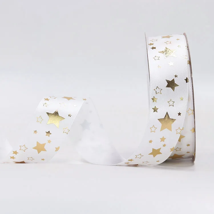 High Quality Custom 19mm 25mm Metallic Gold Foil Printed White Black Satin Ribbon Luxury Design Gift Package Roll