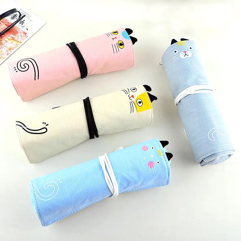 BEYOND wholesale large capacity cute cat canvas roll pencil bag sketch color pencil case for kids school girls