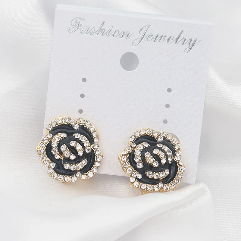 925 Silver Needle Rhinestone Flower Rose Clip on Stud Earrings Gold Plated French Camellia Flower Earrings For Women 2021