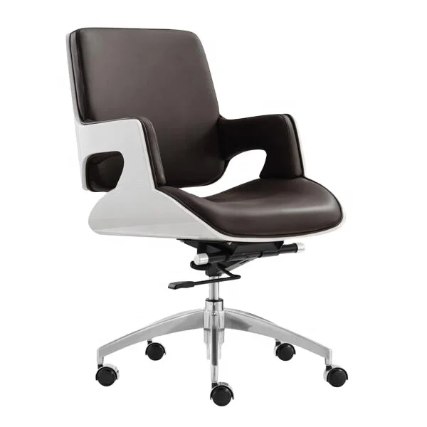 2021 Online Top Selling Mid Back Brown Leather Executive Office Work Chair with Aluminum Base