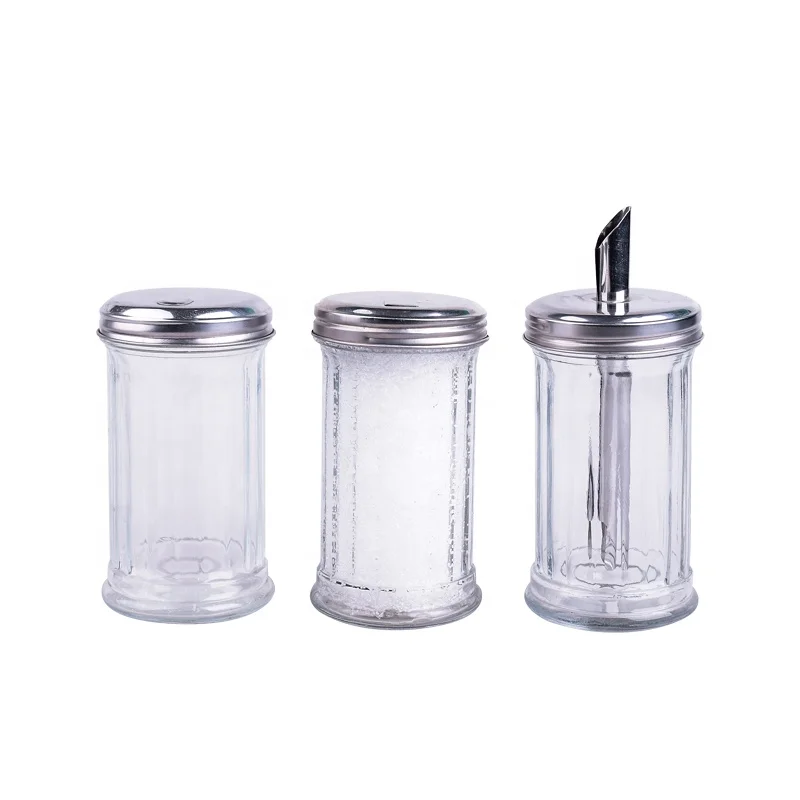 
Retro Sugar Shakers, 12 oz   Glass Dispensers & Stainless Steel Lid with Pour Flap Spout  (1600186628459)