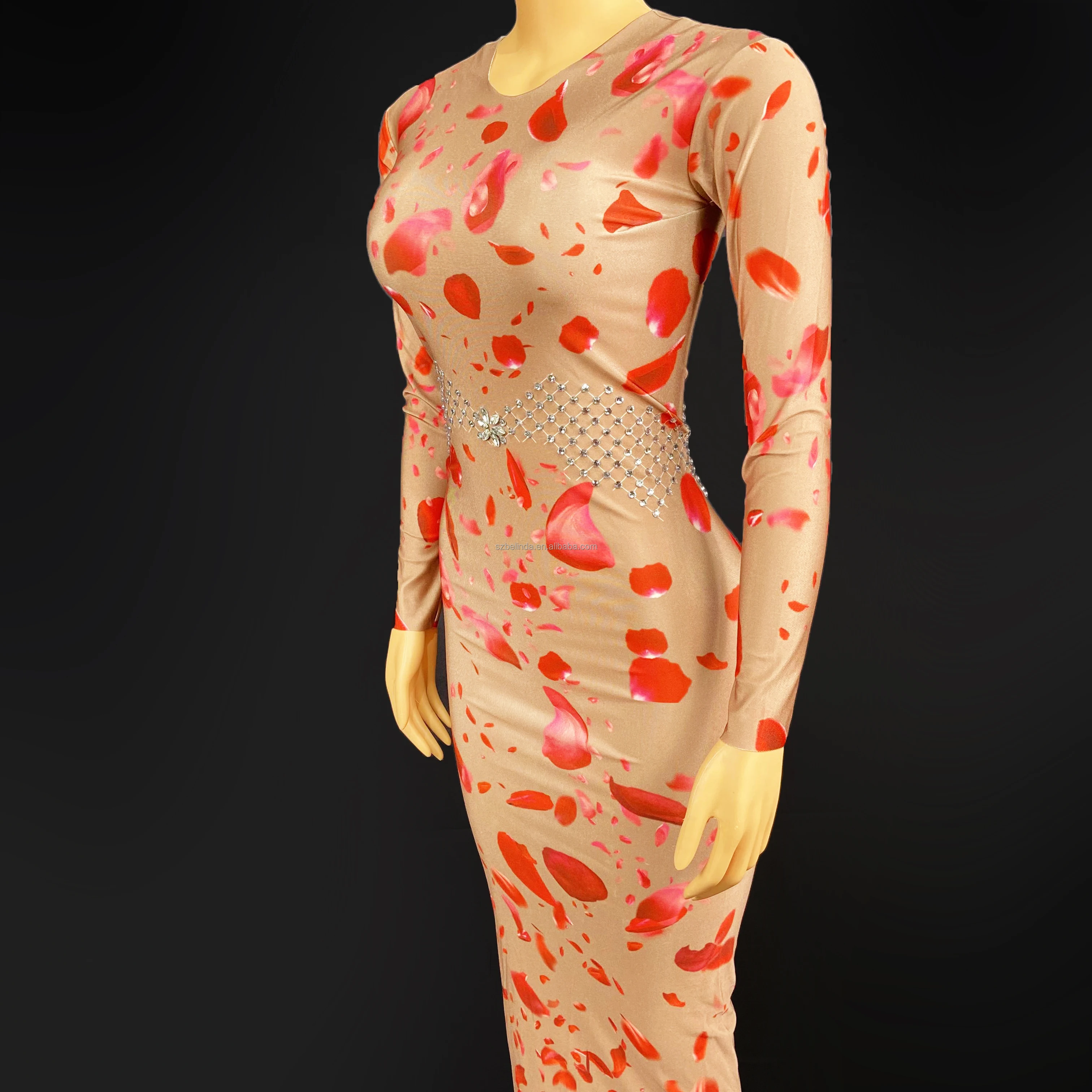 Sexy Red Multi-color Flowers Long Dress Women Dancer Performance Stretch Stage Costume Outfit Evening Prom Party Dress