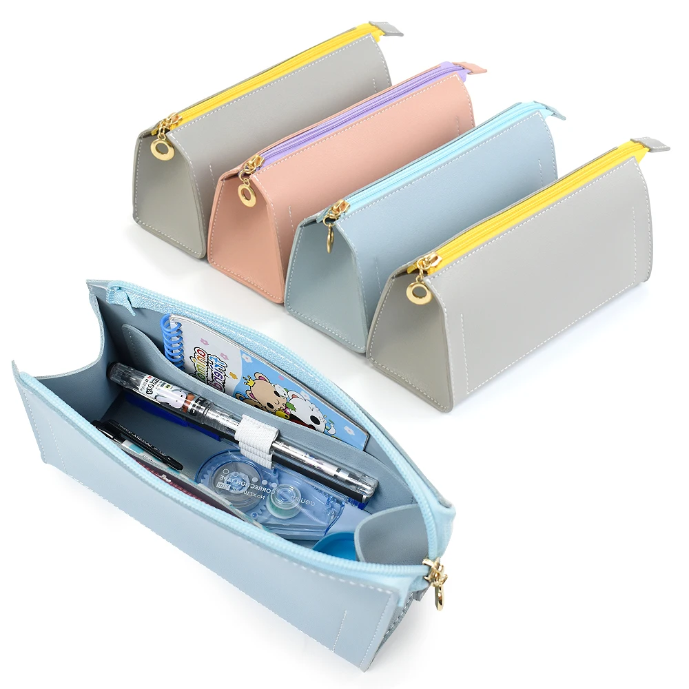 Custom leather large capacity pencil case creative leather multifunctional pencil pouch stationery pen case