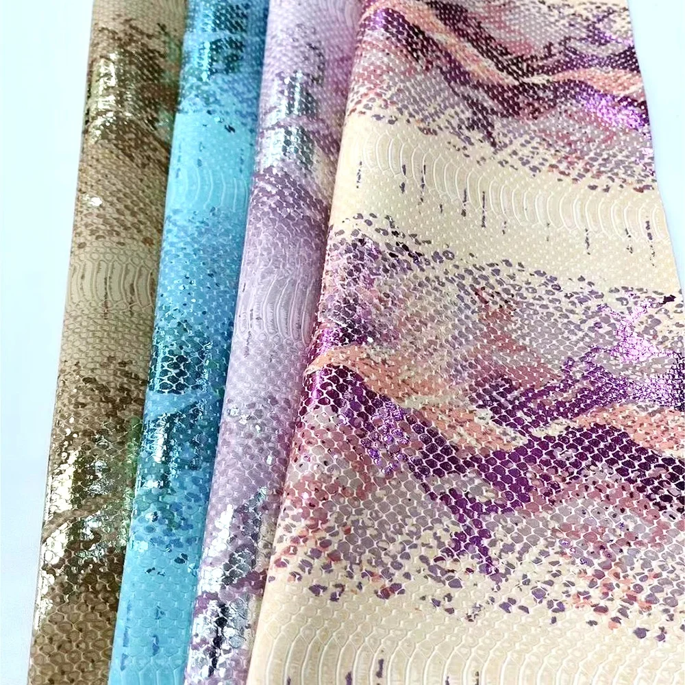 Two-tone Metallic Foiled Color Retro Matte Embossed Print Python Snake Pattern PU Synthetic Faux Leather Fabric For Shoes Bags