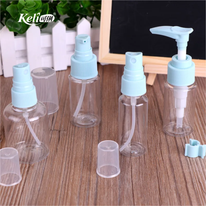 keli beauty cosmetic tools pink and blue color travel bottle set and empty plastic spray bottle supplier