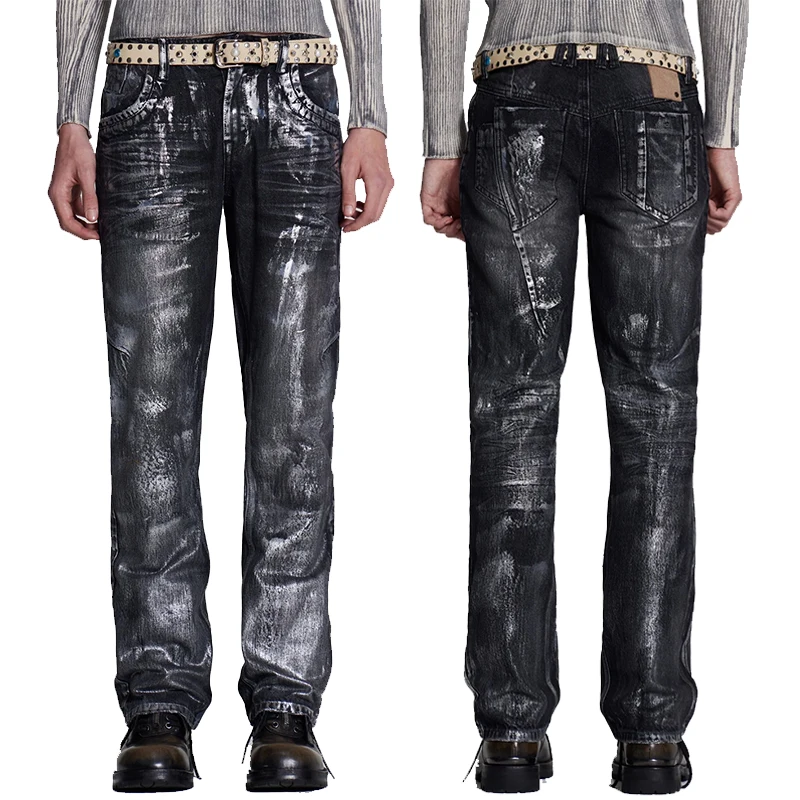 Custom 5-Pocket Slim Fit Straight Jeans Men Black Metallic Wax Coated Denim Jeans Trousers