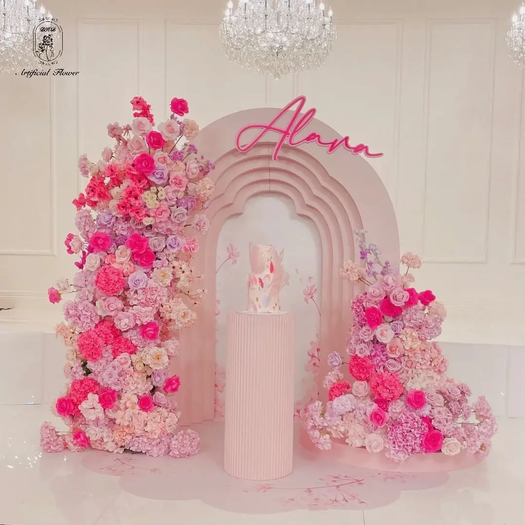 Wholesale Customized Flower Backdrop Row Arch Artificial pink flower wedding decorations supplies arch backdrop stand