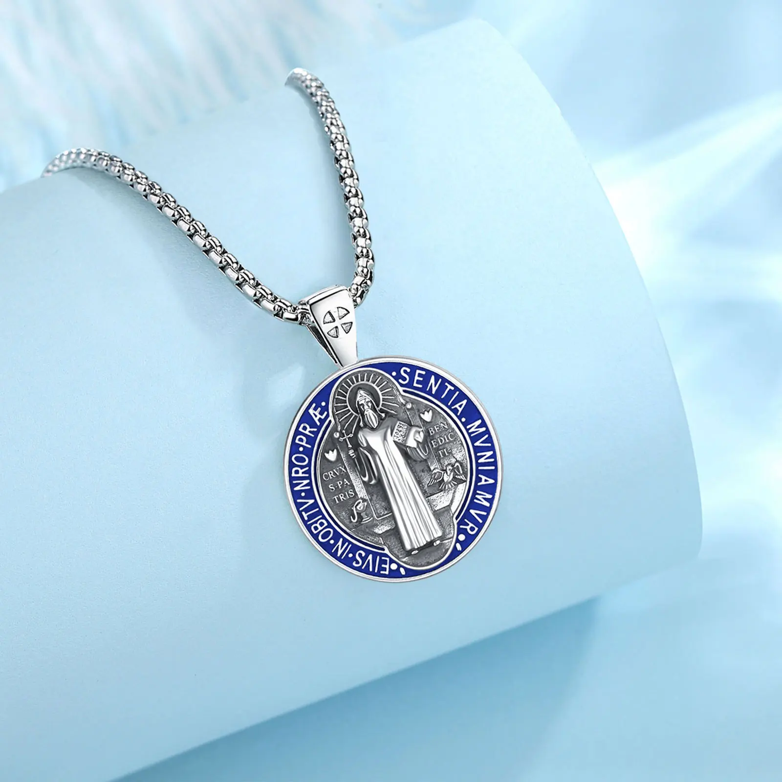 Changda blue enamel men 925 sterling silver amulet jewelry 3d religious pendant protectionsaint st benedict medal necklace
