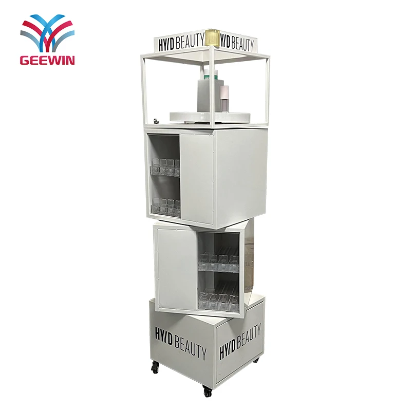 Store cosmetic display rotating rack prices 4 sided makeup products and beauty item display cabinet