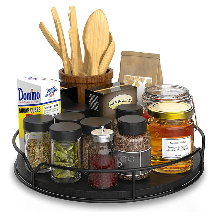 Black Multifunctional 360 Degree Rotating Lazy Susan Organizer with wooden tray