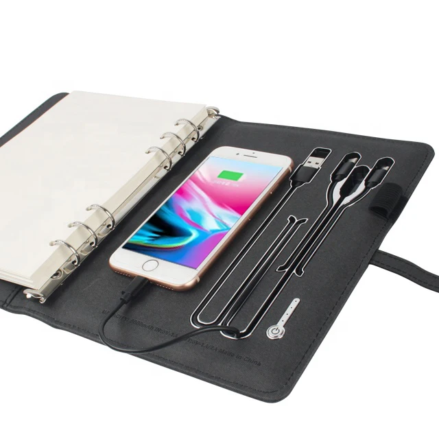 New Products Multifunctional Business Travel Can Light up logo A5 Size Folder Leather Wireless Charging Notebook