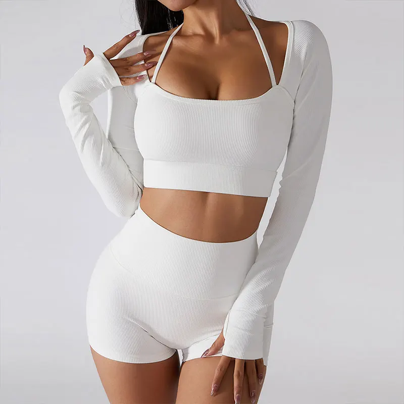 3 Piece Spring Yoga Long Sleeve Female Custom Gym Clothes Seamless Sport Wear Womens Tummy Control Workout Sets