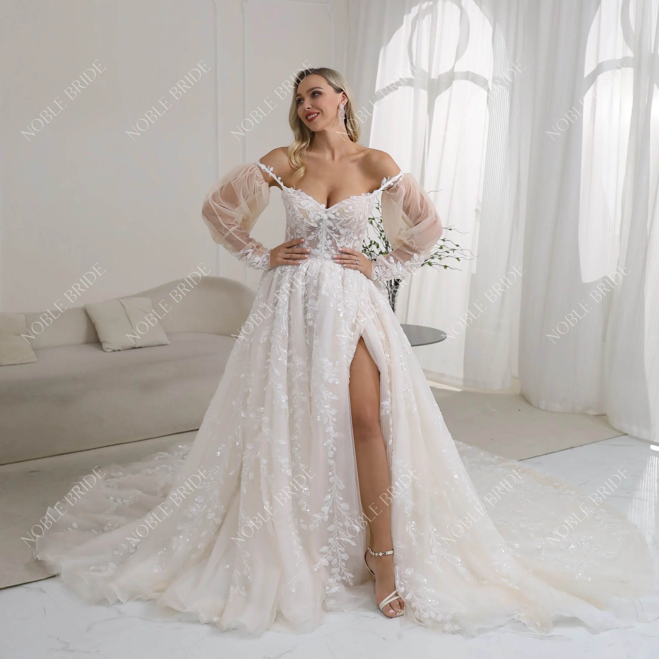Noble Bride Wholesale Factory Detachable Sleeve Sweetheart Neck Sequin Lace Split Skirt Ball Gown Wedding Dress