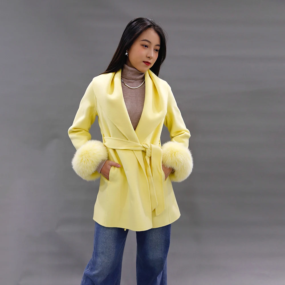 Luxury Hand Made Winter Woolen Coat Cashmere For Ladies With Belt Natraul Wool Overcoat Women With Fox Fur Cuffs