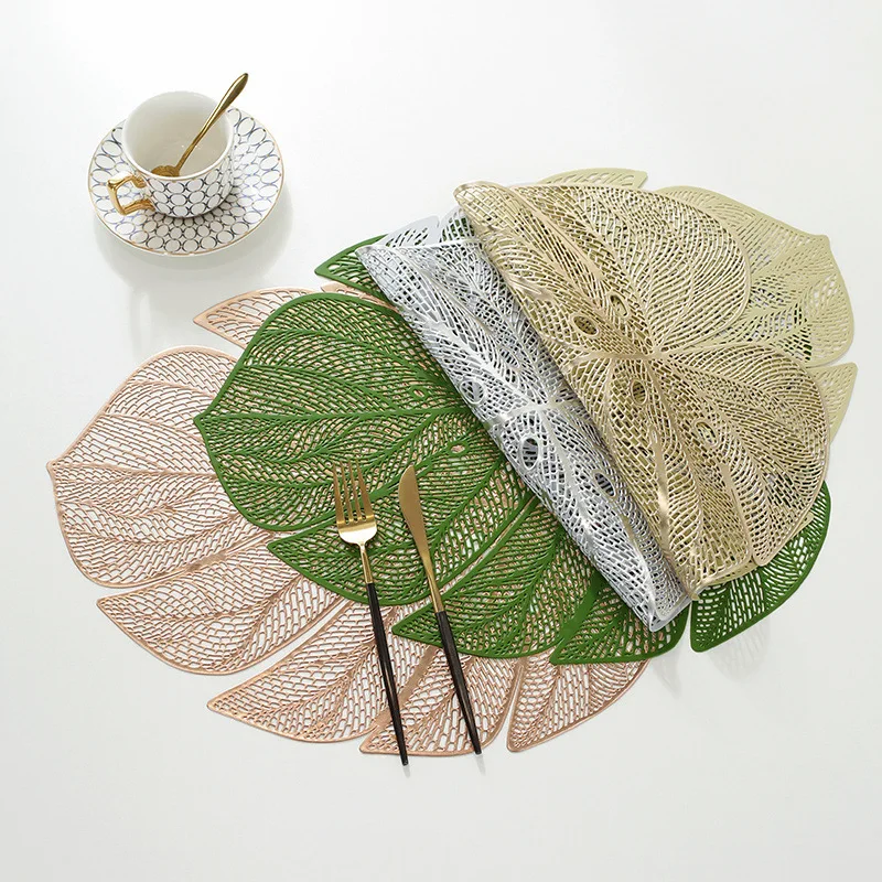 New Arrival Wipeable Metallic Plastic Green Place Mats Leaf Shaped Vinyl Placemats for Dinner Table Heat Resistant Table Mats