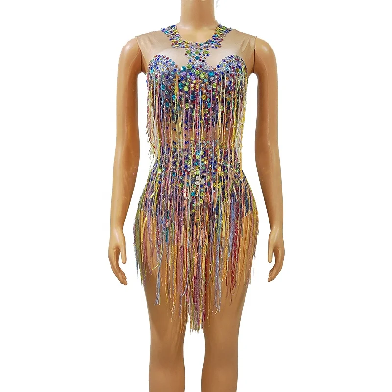 Sexy Sleeveless Sequins Tassel Stage Performance Short Jumpsuit Women Pole Dance Leotard Singer One Piece Bodysuit