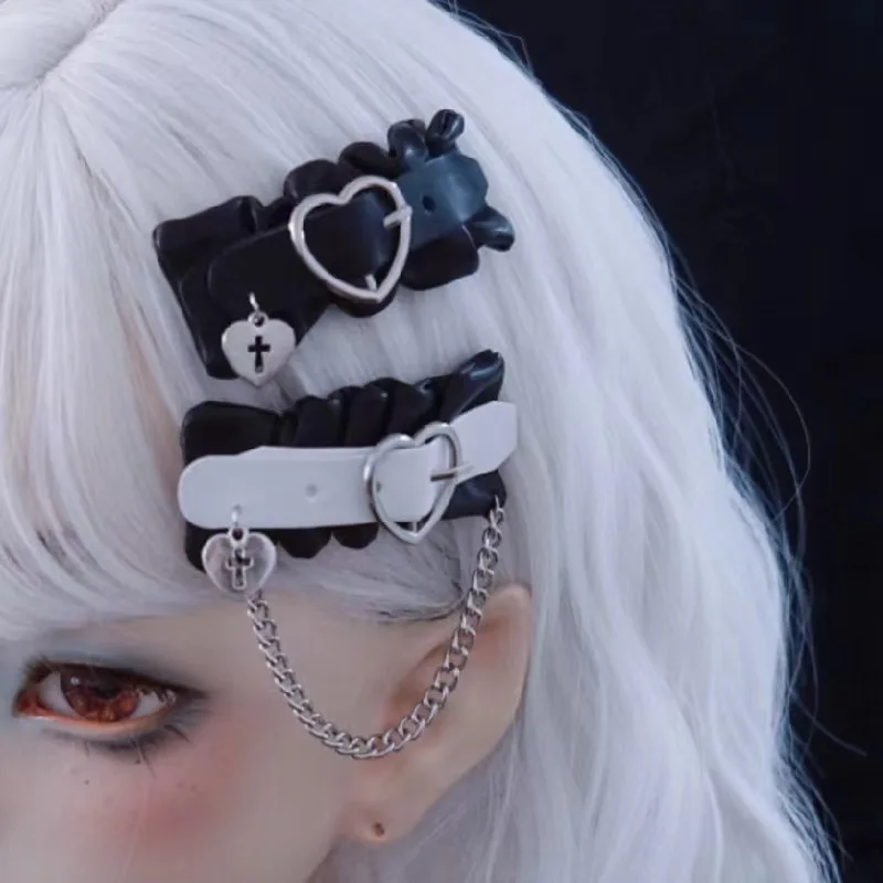 Wholesale Fashion Hair Accessories Jewelry Handmade Girls Leather Chain Style Black Cool Hairgrips Hair Clips