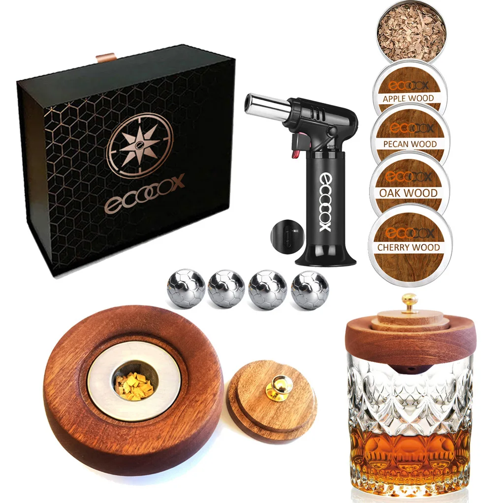 Cocktail Smoker Kit with Torch 6 Flavor Wood Chips Old Fashioned Chimney Drink Smoker with Football Whiskey Glass Ice Stones