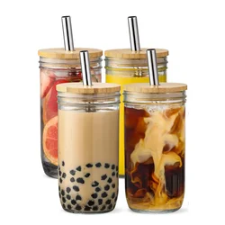 Glass Storage Canister Mason Jar with Bamboo Wood Lid Straw Kitchen Food Storage Clamp Airtight Cookie Glass Storage Canisters