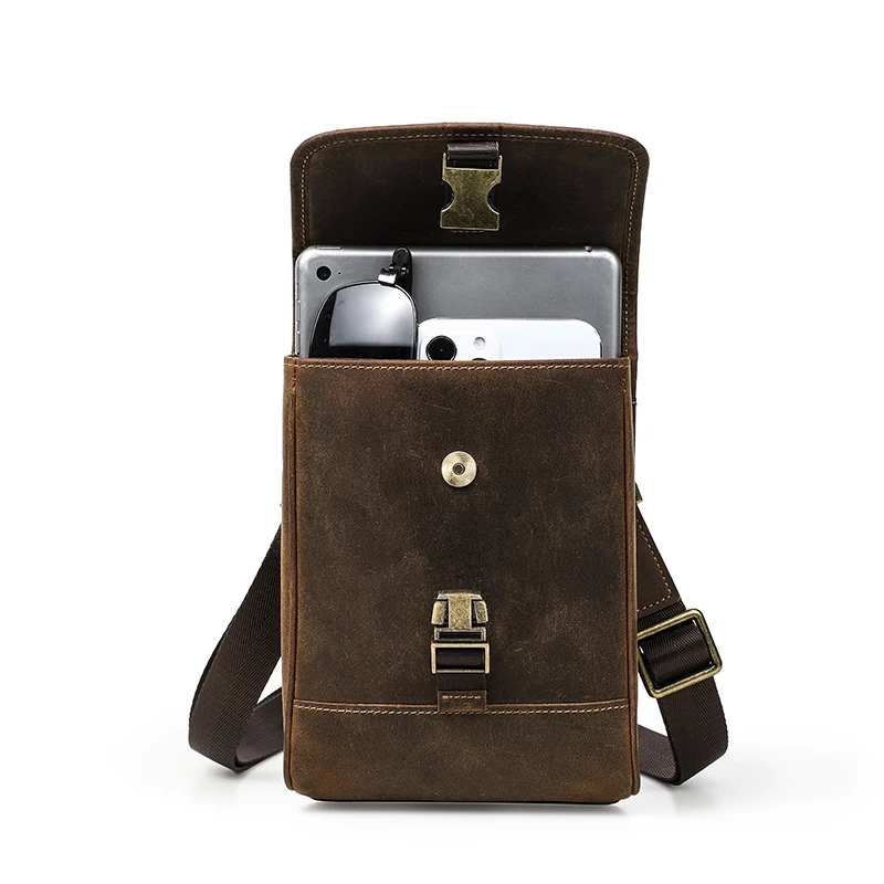 Hidden Magnetic Buckle Design Genuine Leather Shoulder Bag with Adjustable Strap Mobile Phone Bag For Iphone 12 Pro Max MB191