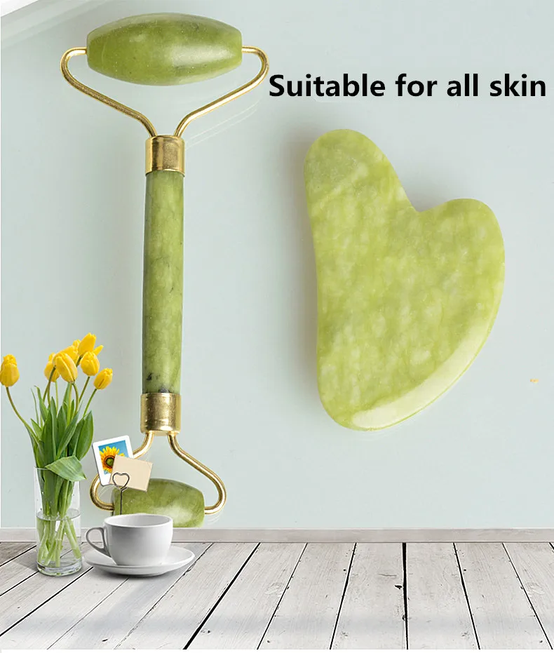 
100% Natural Jade Beauty Gua Sha Facial Kit Cool Skin Roller Massager Jade Roller & Guasha for Face Set 