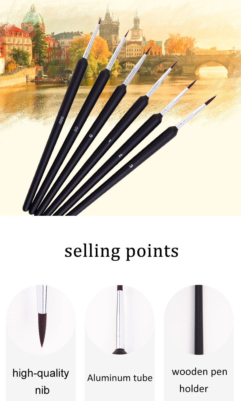 Merchant wholesale watercolor oil painting for beginners special nylon hair hook line color drawing pen 6 piece paint brush