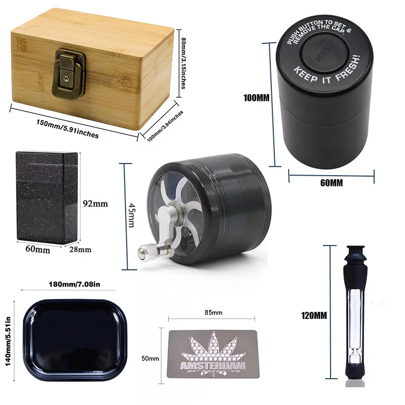 Wooden Stash Box Tobacco Set with Grinder Rolling Tray Stash Jar Cigarette Case Natural Handmade Wood Tobacco Herbal Storage Box