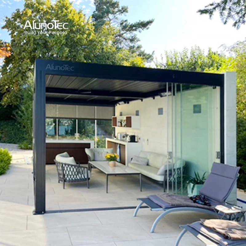 AlunoTec Motorized Garden Shed Bioclimatic Louvre Arches Roof Remote Control Outdoor Pergolas Outdoor Kitchen