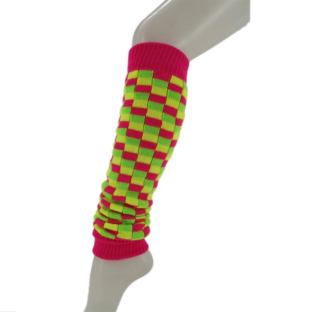 
Jacquard Knitted Legwarmers checkered Pattern in neon colors Unisex Acrylic winter Legwarmers In Adult Size 