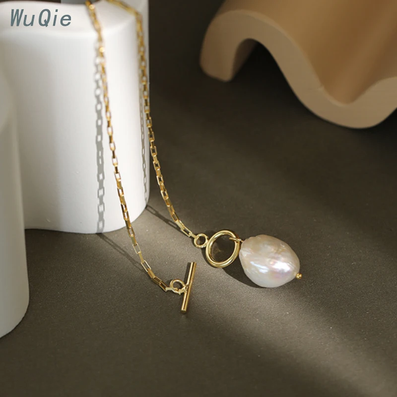 Wuqie 925 Sterling Silver Gold Plated Clasp Pearl Necklace Baroque Natural Freshwater Pearl Choker for Women