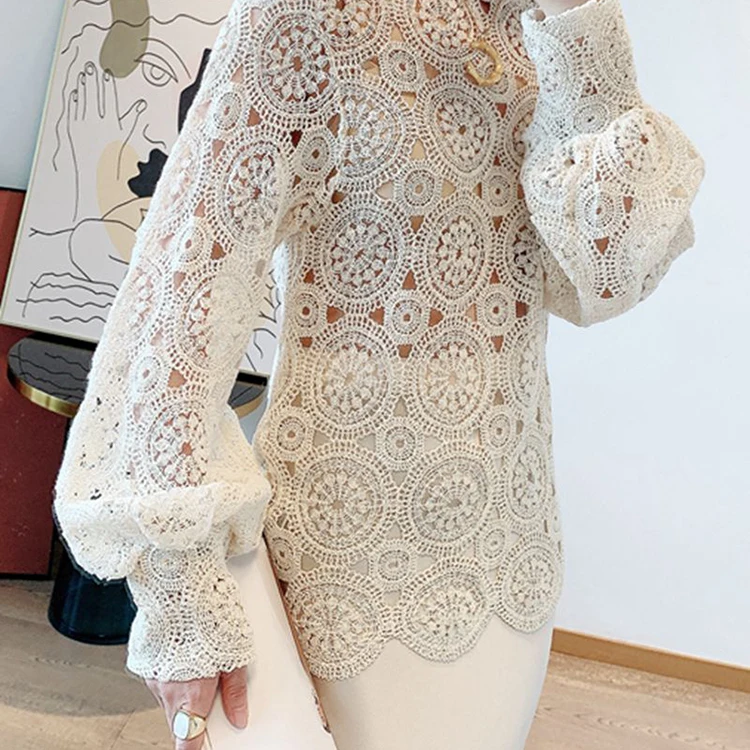 
Palace Lantern Sleeve Summer Spring Female Embroidery Flower Woven Hollow Out Lace Top Sweater Dress 