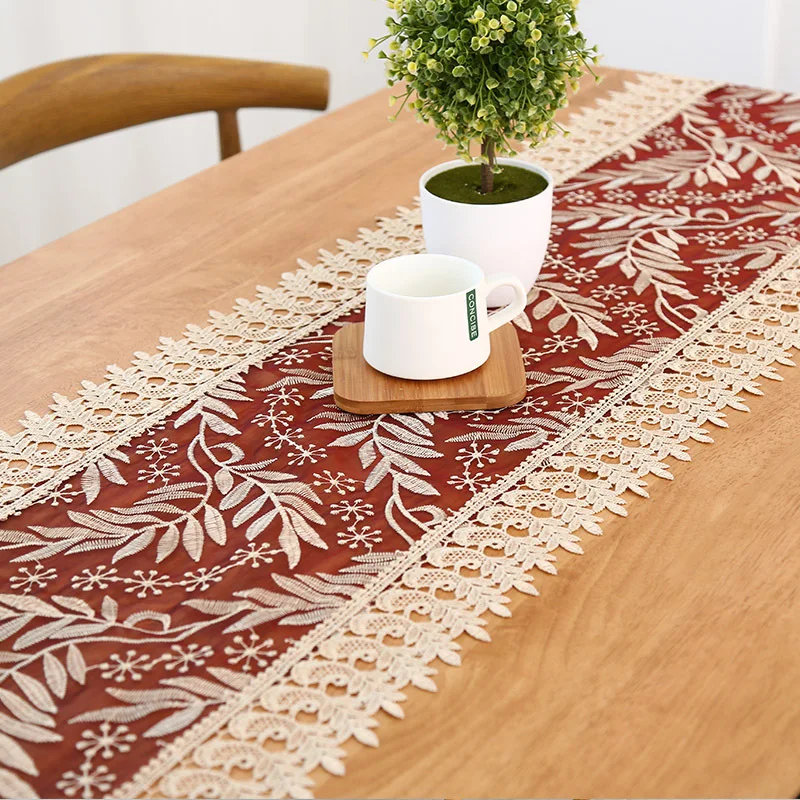 Modern Style Beautiful Hollow Lace Linen Village Fabric Leaves Flower Embroidered Table Runner For Decor