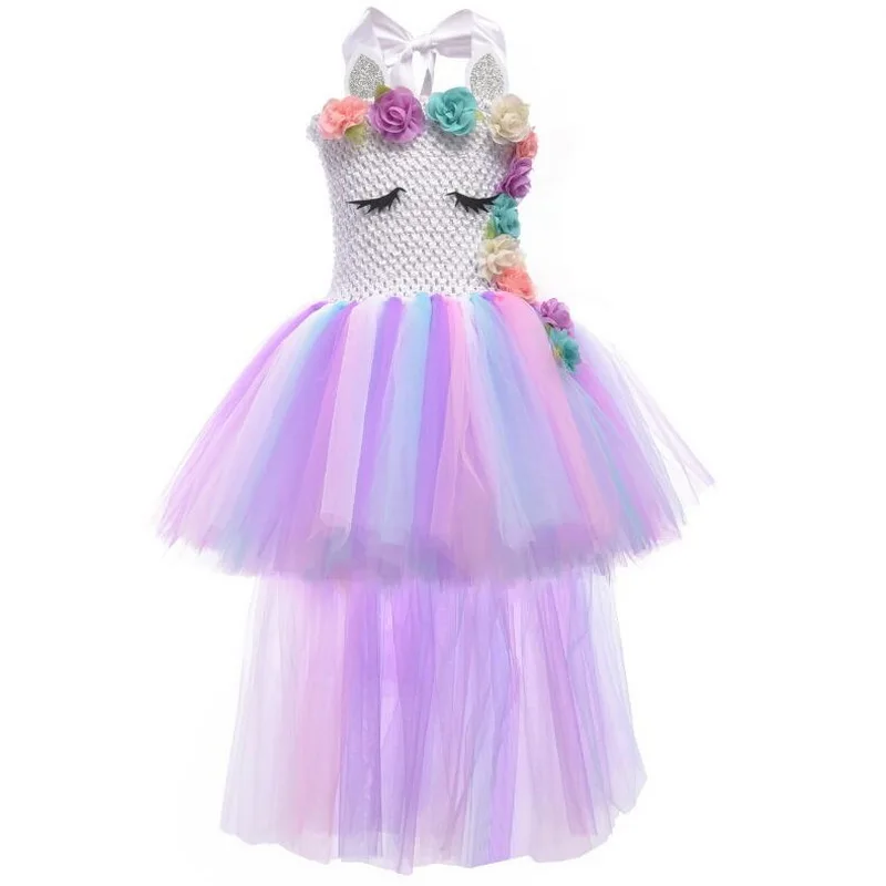 Flower Girl Unicorn Costume Dress Pony Unicorn Tutu Swallowtail Dresses Headband Wings Sets For Kids handmade Pageant Costume