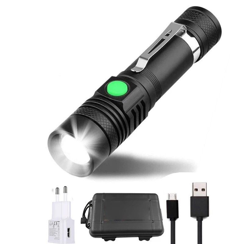 Ultra Bright LED Flashlight With XP-L V6 LED lamp beads Waterproof Torch Zoomable 4 lighting modes Multi-function USB charging