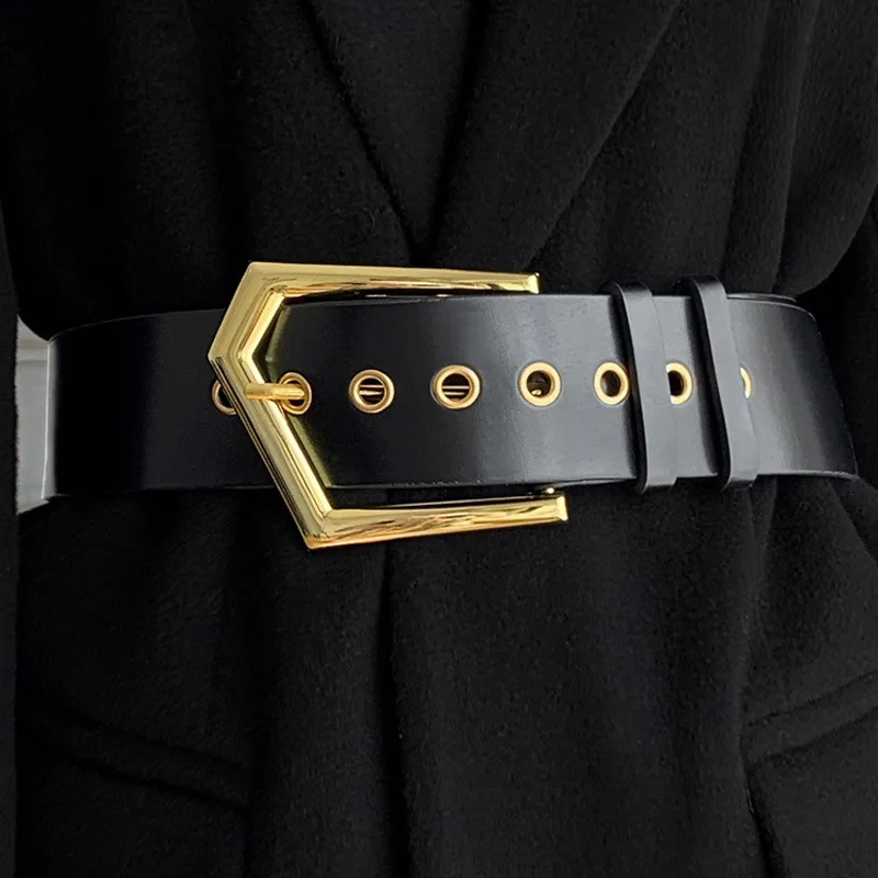 Big Metal Gold Buckle Wide 2.2inches Coat Belt Lady  Black Brown PU Pin Buckle Ins Style Waist Belt Corset