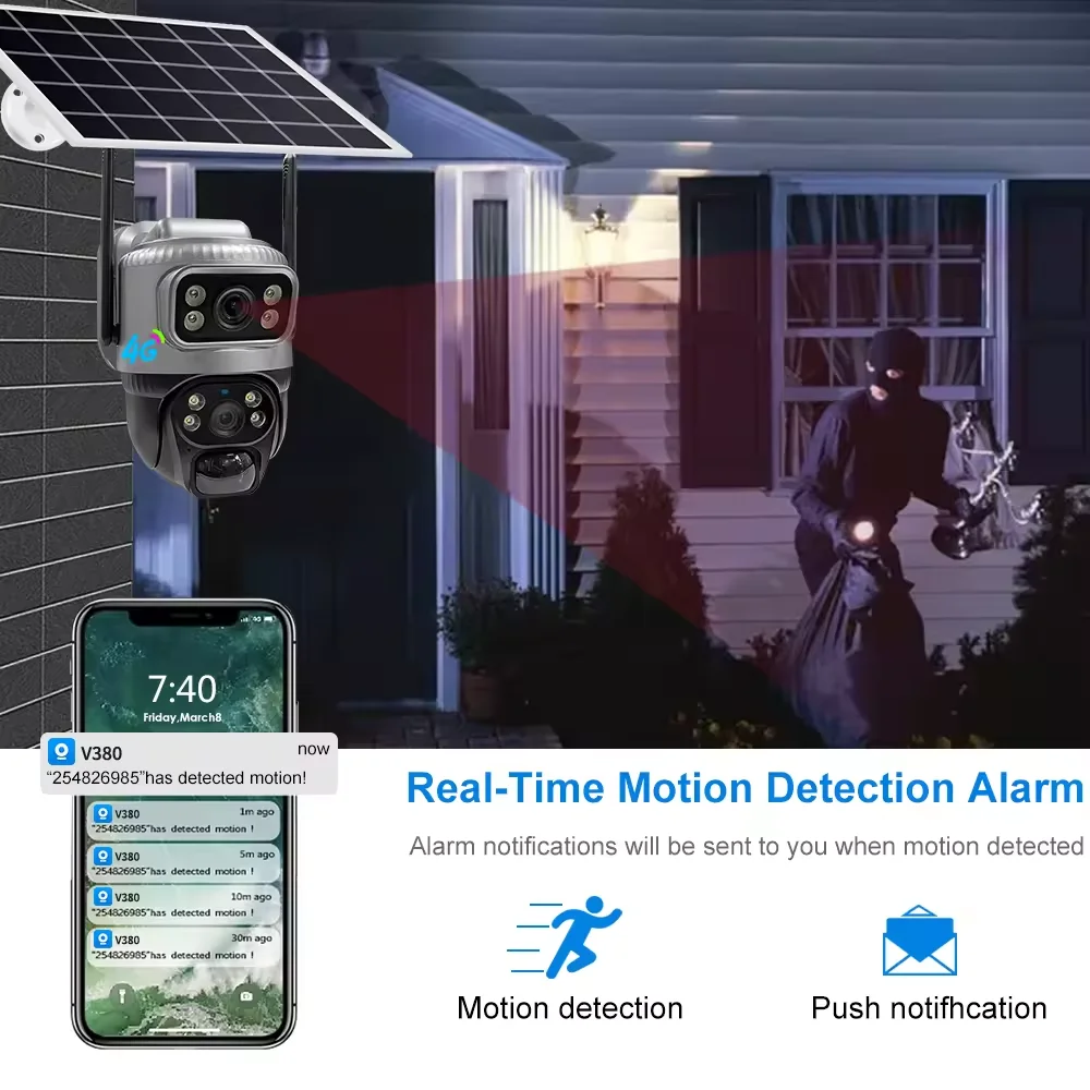 New Model V380 4MP 4G WIFI IP PTZ CCTV LTE Solar Camera Dual Lens wide angle PIR motion detection with SIM Card