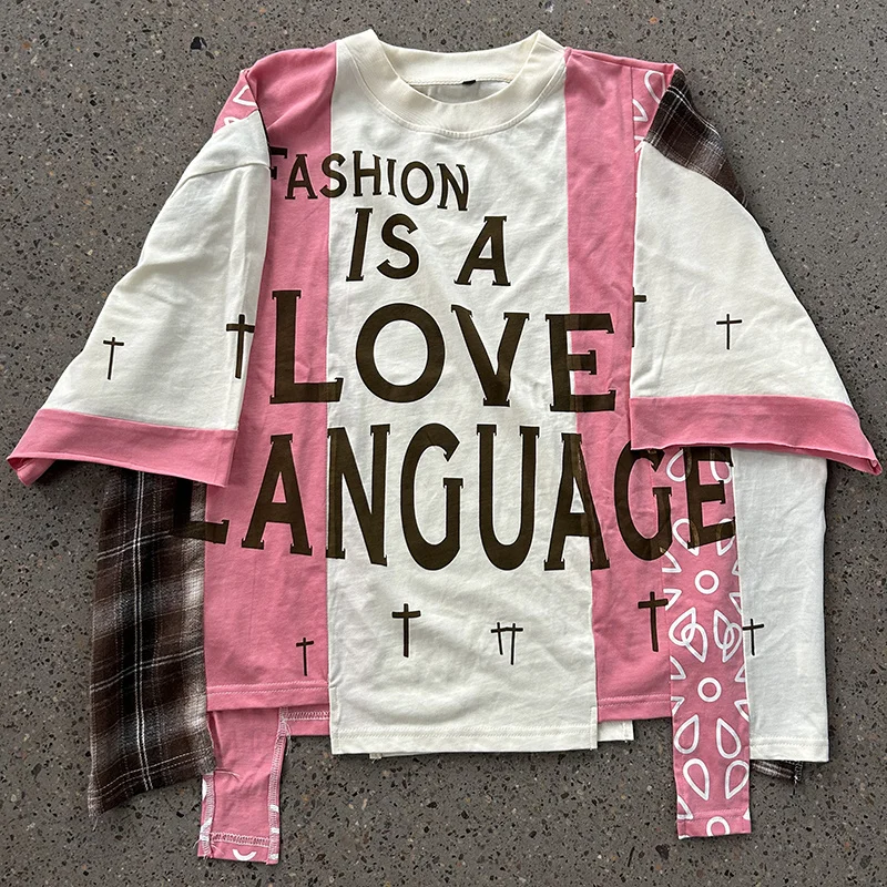 Manufacturer Streetwear Heavyweight Men Graphic Splicing Tshirts Custom Printing Oversized Long Sleeve Patchwork Boxy T-Shirt